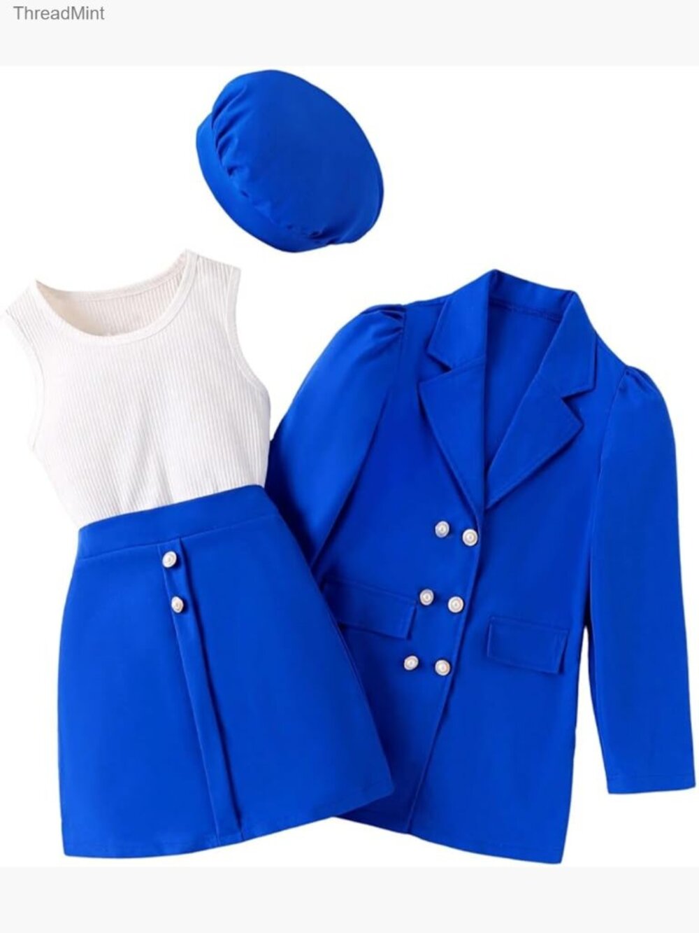 Girls 4 Piece Outfit Set - Knit Top, Mini Skirt, Blazer, Hat